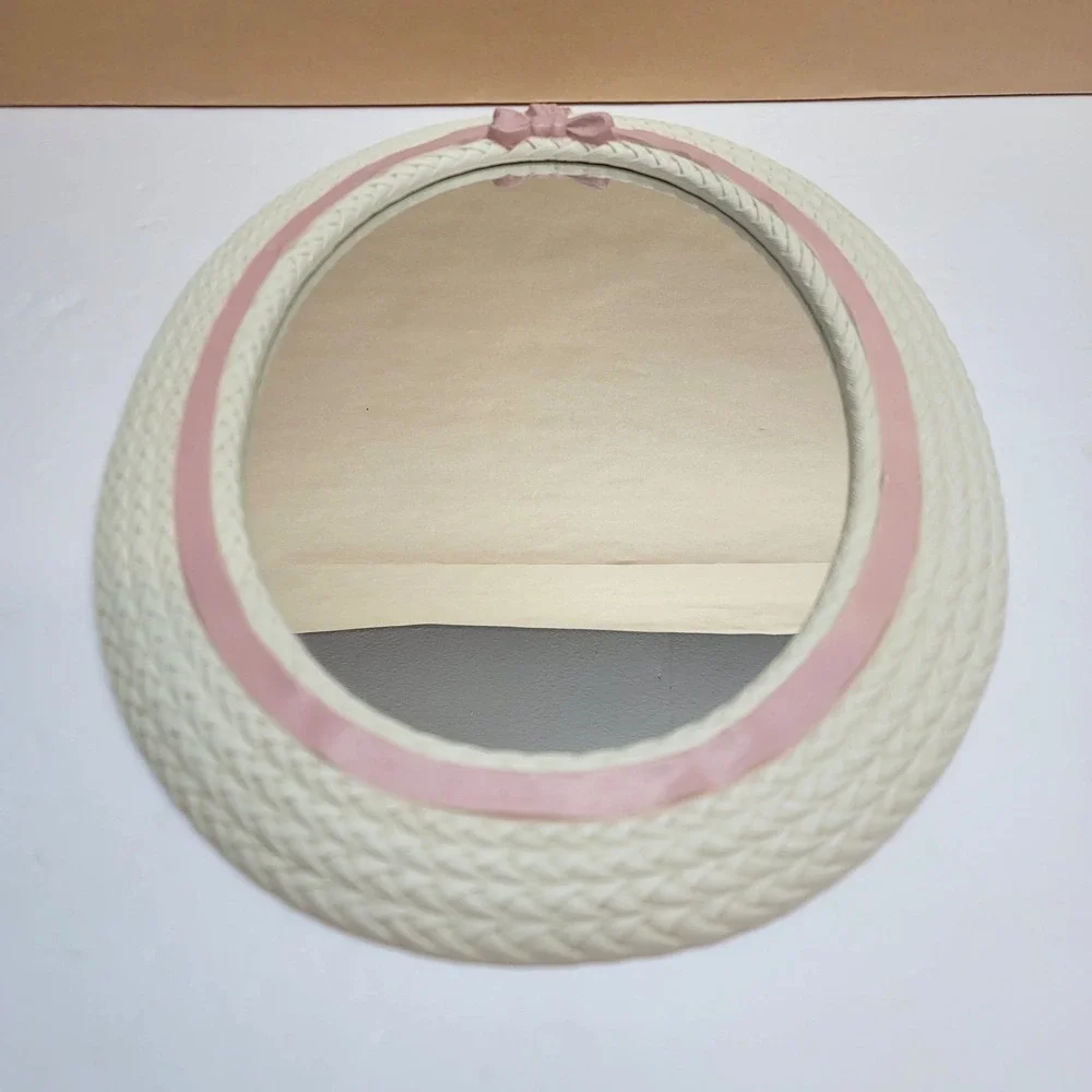 Vtg Burwood Wicker Style Wall Decor Set 6pc White w/Pink Bow Mirror Shelf Hearts